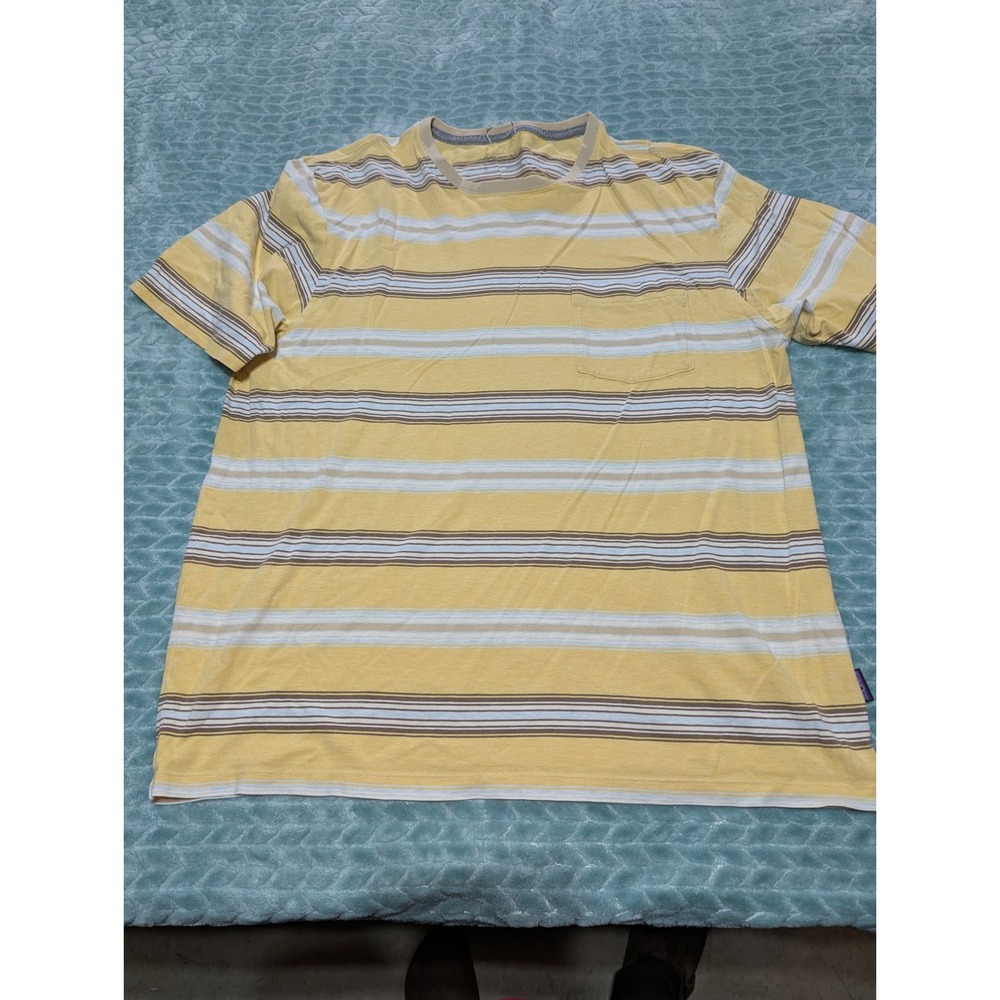 Patagonia Mens Yellow Striped Short Sleeve Pocket T-Shirt‎ S Crewneck